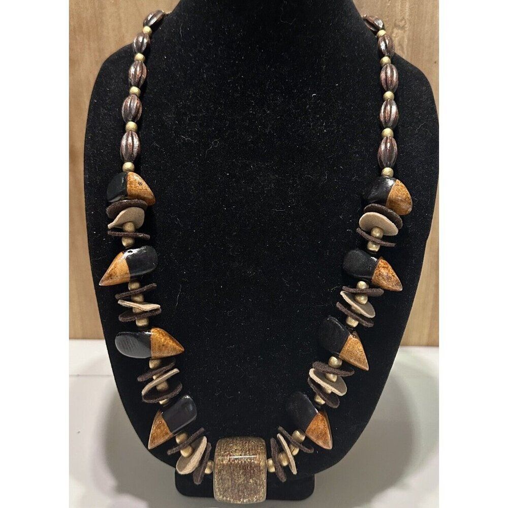 Vintage Brown Wood Bead NECKLACE Boho Bohemian Leather Cord Brown Black